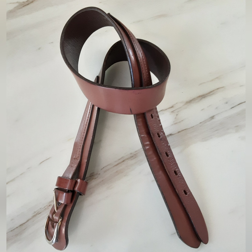 Full Grain Smooth Cowhide Double Strap Brass Buckle Thick Leather Belt Sz M -Vtg - Picture 5 of 8
